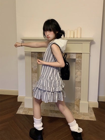 and Hooded Dots Polka Sleeveless Plaid with White Black Pattern Dress