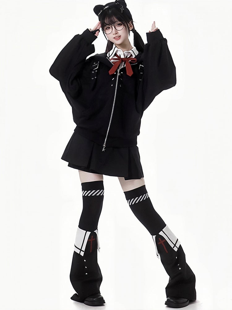 Studs Decorated Warmers Black Cross Leg