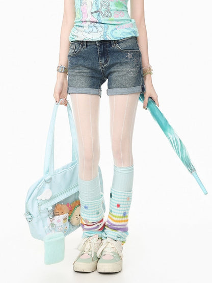 Blue Straight-Leg Denim Shorts with Star Rhinestone - Languid Park