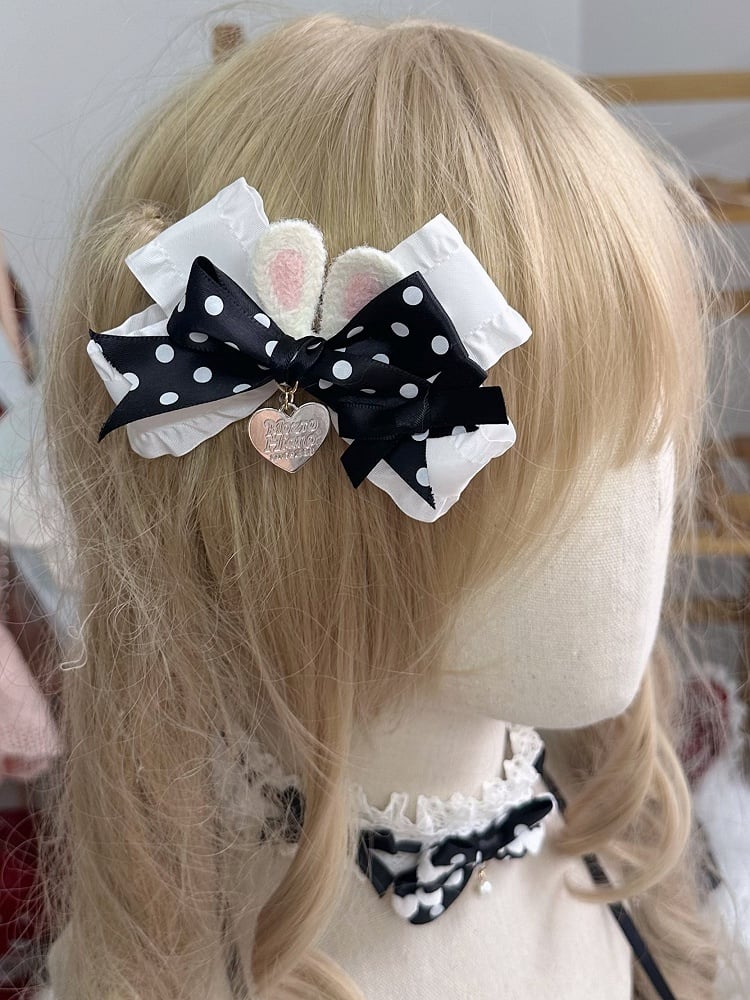 with Bunny Polka-dot White Ears Bowknot Hairclip Heart-Shaped Charm Black and
