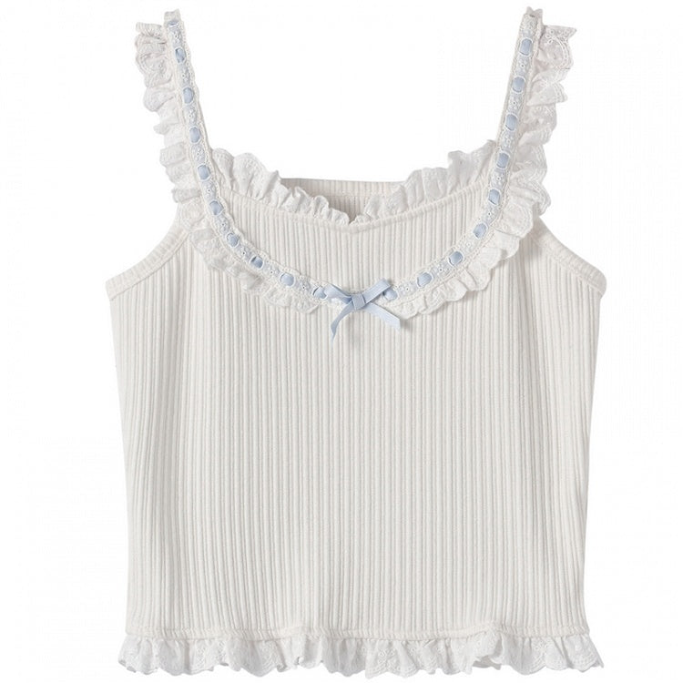ホワイトリボンフリルレーストリムスリムフィットキャミソールトップ