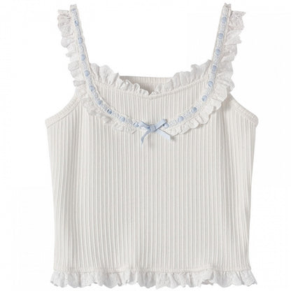 ホワイトリボンフリルレーストリムスリムフィットキャミソールトップ