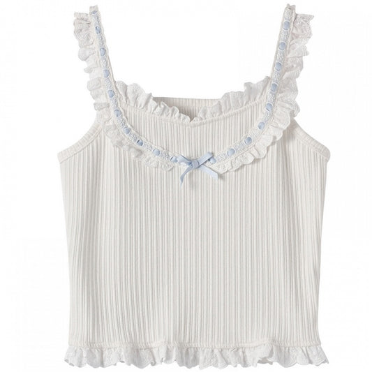 ホワイトリボンフリルレーストリムスリムフィットキャミソールトップ