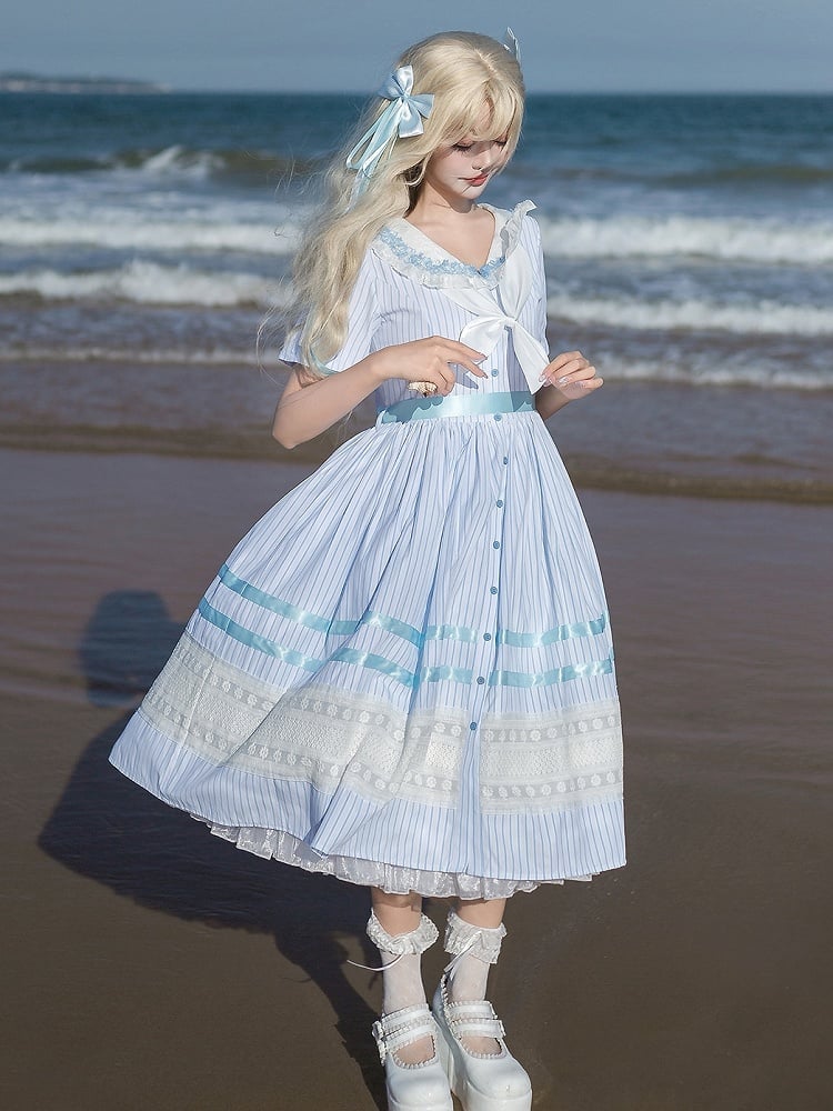 Sailor Muster Verfügbar Plus Blau Lolita Kleid Größen Meer Kragen Jacquard Sommer Gestreiften Shell