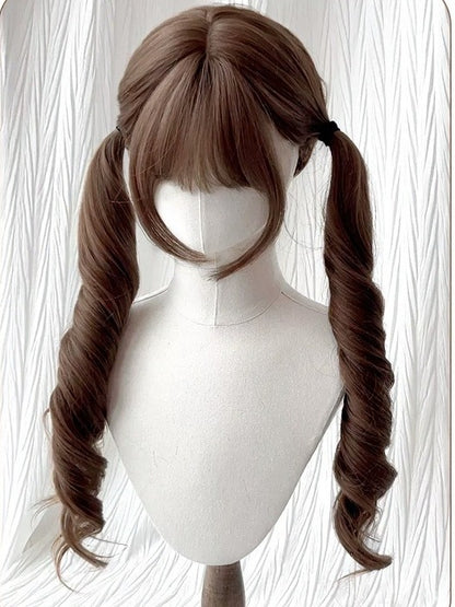 Honey Tea Curly Wig with Full Bangs and Twin Tails - Meow Island Wig