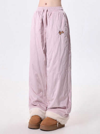 Snug Pink Wave Quilting Draped Pants with Playful Dog Embroidery & Plush Cuffs