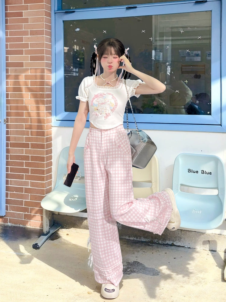 ピンクチェック柄ハイウエストレースリボンワイドレッグパンツ（レギュラー/ショート）