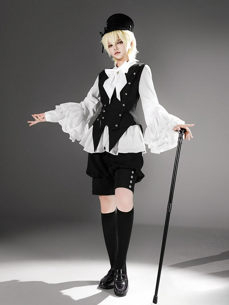 Black Ouji Lolita Deep V-Neck Waistcoat with Pointed Hem and Silver Buttons - Princess Chronicles