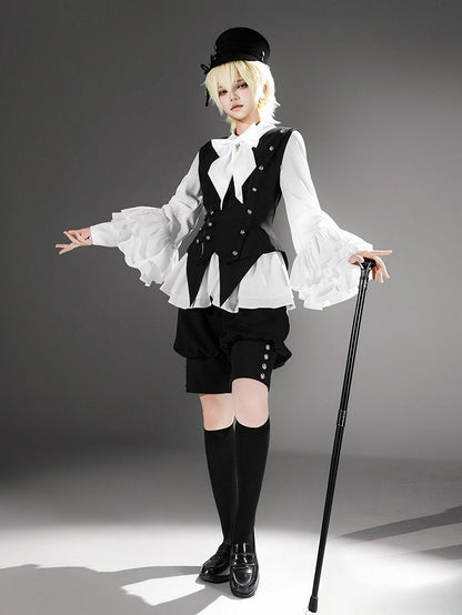 Black Ouji Lolita Deep V-Neck Waistcoat with Pointed Hem and Silver Buttons - Princess Chronicles