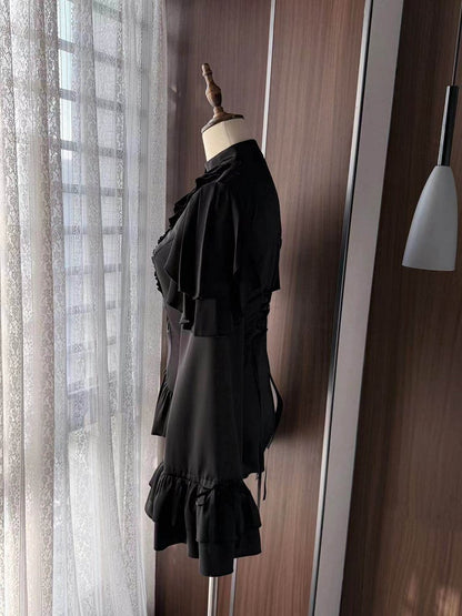 Black Shoulder Ruffle Panels Lolita Blouse with Aristocrat Cascading Ouji