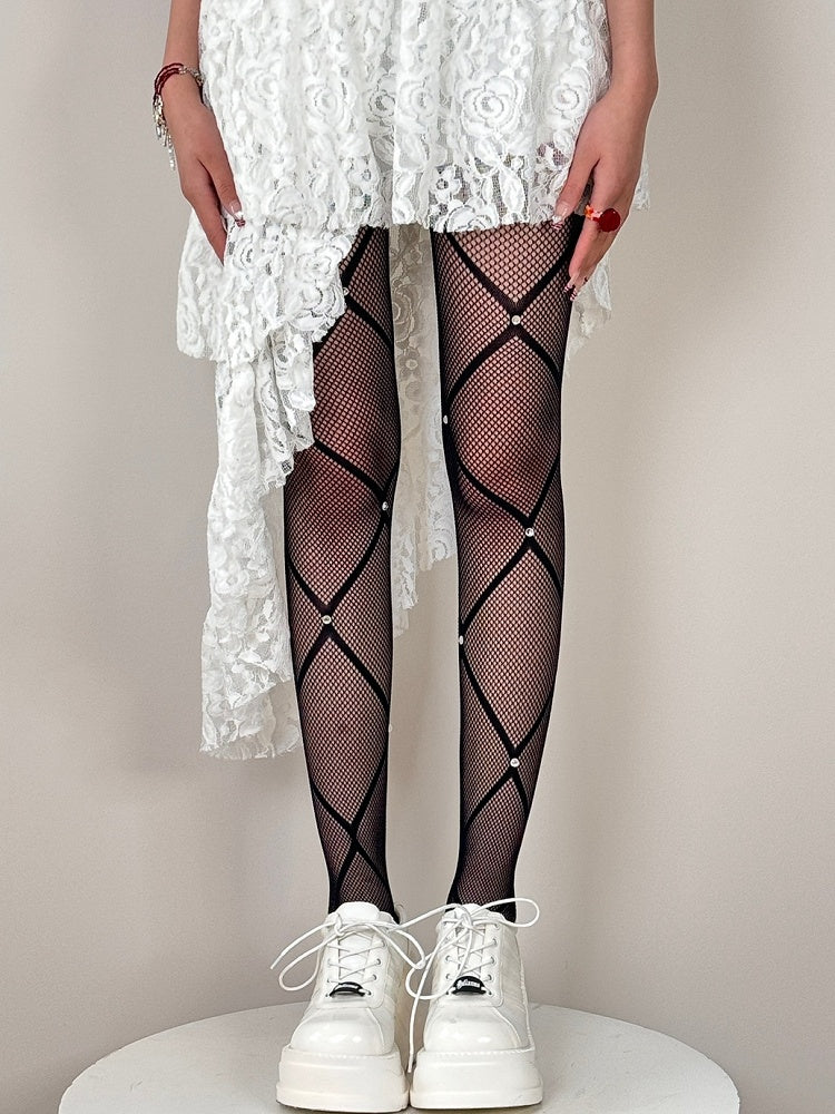 Crisscorss Banded Rhinestone Decorated Black/White/Red Tights