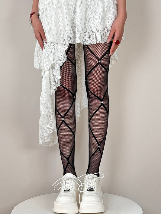 Crisscorss Banded Rhinestone Decorated Black/White/Red Tights