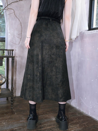 Ink Wash Print Chinese Gothic Black Midi Skirt with Ruffle - Quirky Hut