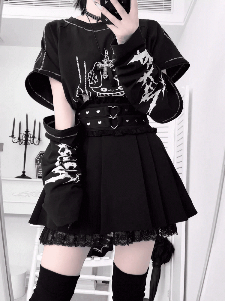 Rabbit with Zippers Top Print Sleeve Black/White Shattered Kei Convertible Jirai