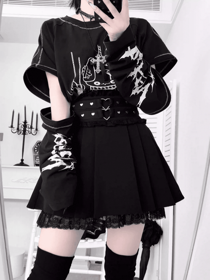 Rabbit with Zippers Top Print Sleeve Black/White Shattered Kei Convertible Jirai