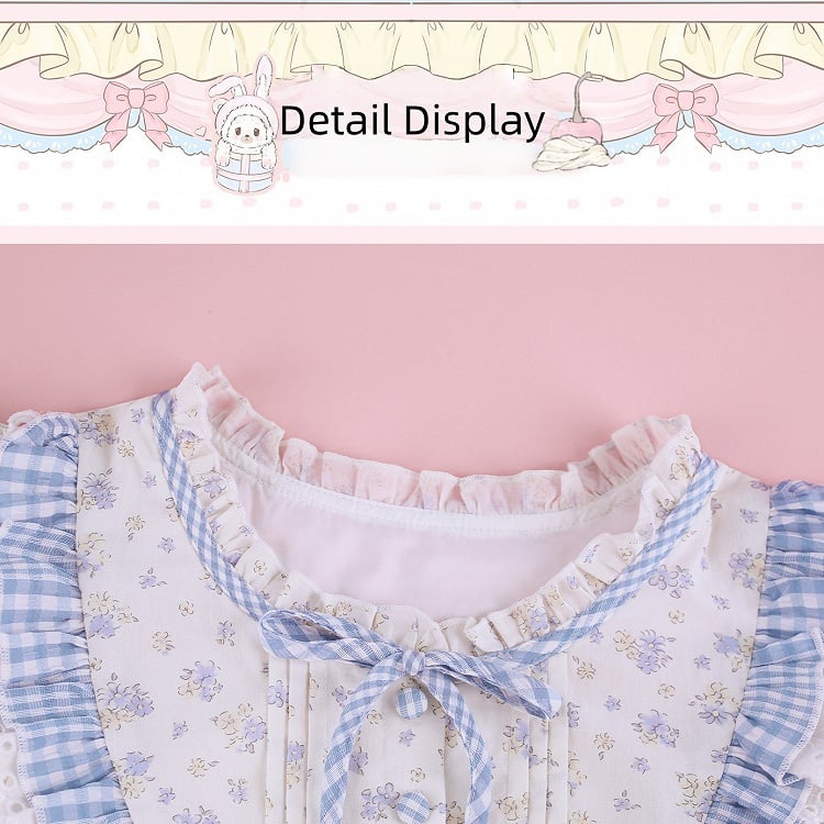 Blue and White Floral Print Top with Ruffle and Lace Details - serendipity