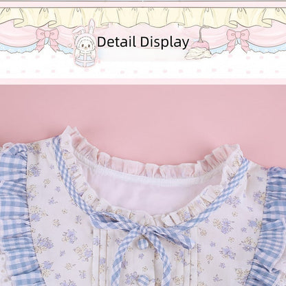 Blue and White Floral Print Top with Ruffle and Lace Details - serendipity
