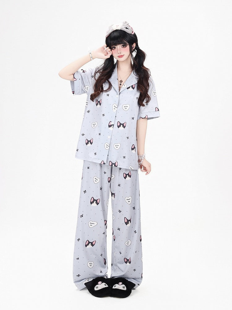 Otaku-Style Grey Lounge Wear Set: Kitten Print Short-Sleeve Top + Matching Pants - CRAZY GIRL