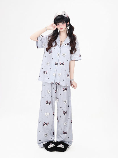 Otaku-Style Grey Lounge Wear Set: Kitten Print Short-Sleeve Top + Matching Pants - CRAZY GIRL