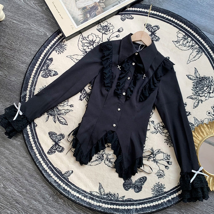Black Lace-Trimmed Cross Charm Collar Ouji Blouse - With PUJI