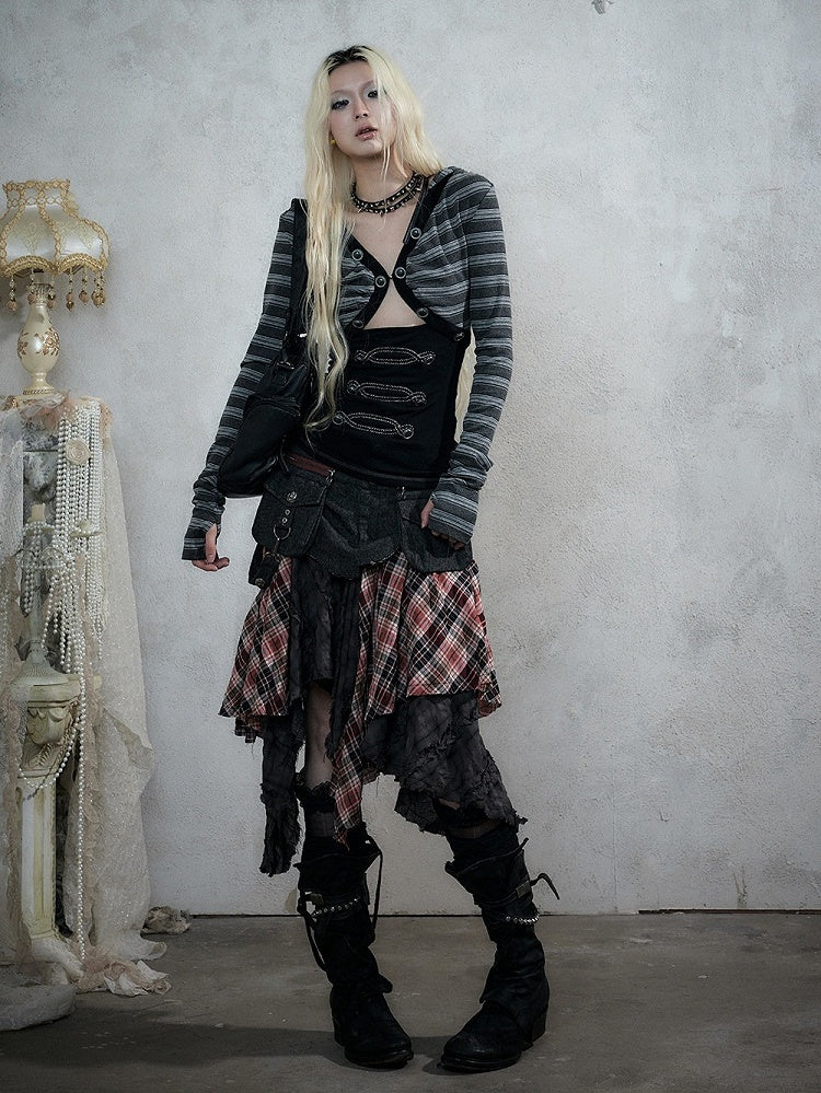 Black Striped V-Neck Hooded Knit Top with Long Sleeves & Faux Two-Piece Punk Style - NO ROMANCE