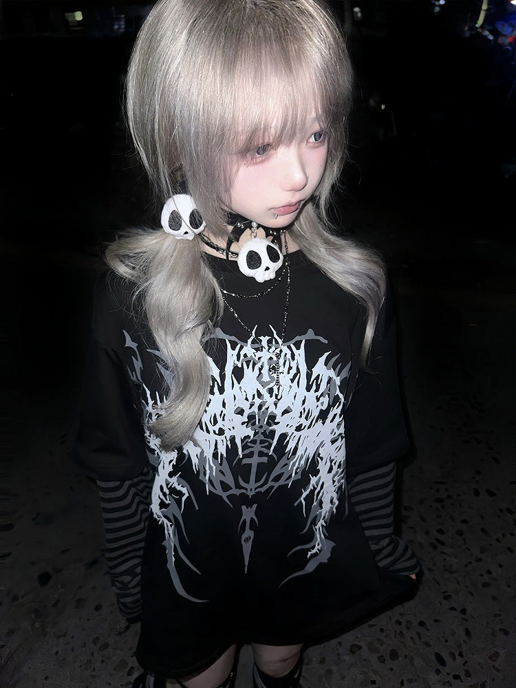 and Dark Top Sleeves Print Faux Gothic Black Two-Piece Striped Fantasy with