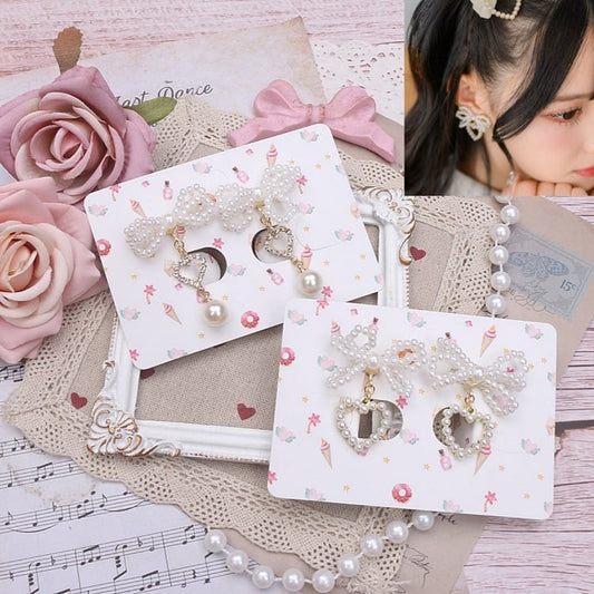 Beaded Kei Bow Jirai Earrings White