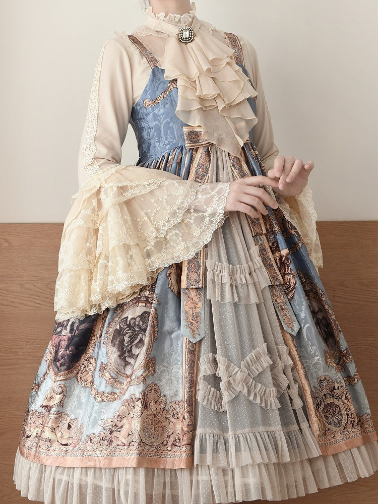 Beige Bluse mit Jabot-Krawatte, Rüschenausschnitt und langen Glockenärmeln