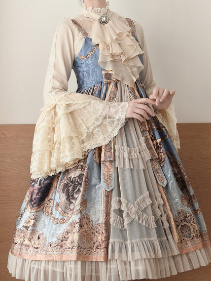 Beige Bluse mit Jabot-Krawatte, Rüschenausschnitt und langen Glockenärmeln