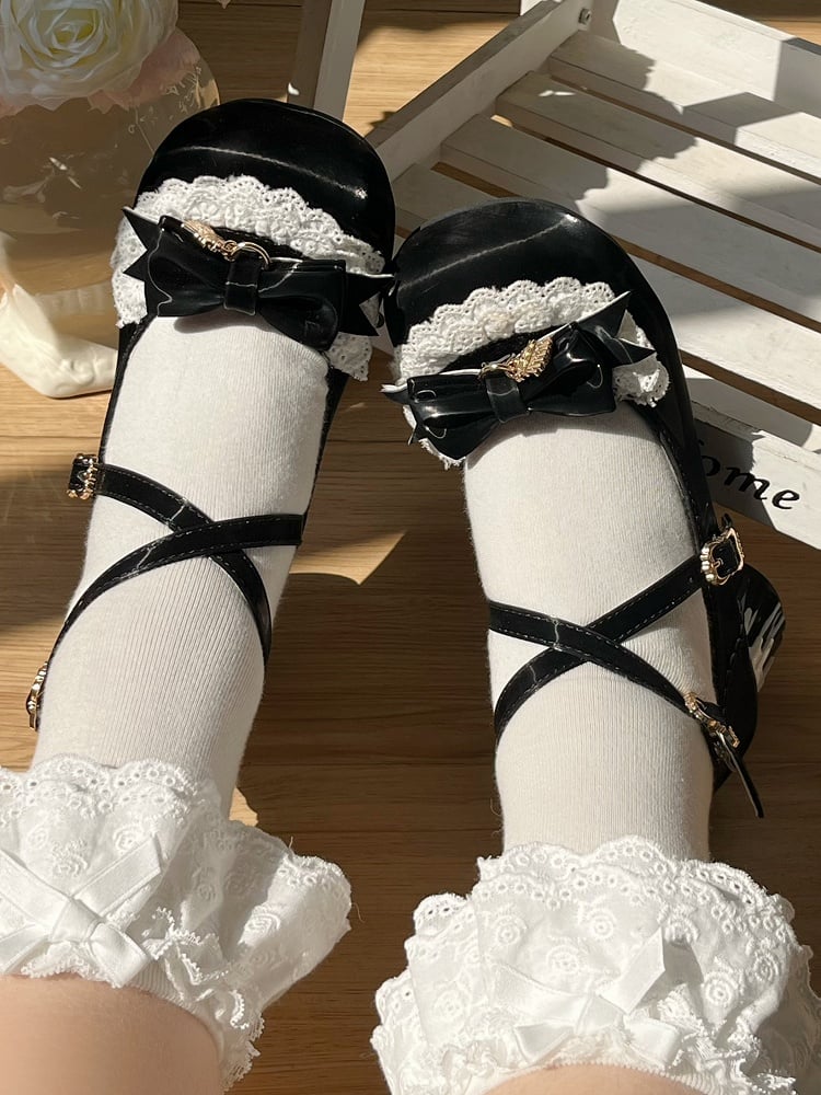 Unique Heels Mid Sweet Round Lolita Black Janes - Toe Heel Decorative Bow Pudding Mary Shaped with