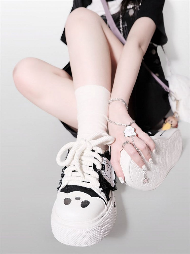 Sneakers Cute Black Ghost Platform Canvas and White