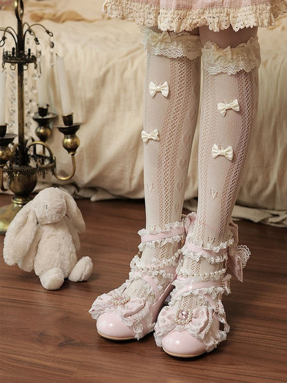 Pink Bowknot & Crystal Embellished Round Toe Lolita Shoes with Heart Buckle and Pearl Chain - Sheep Puff