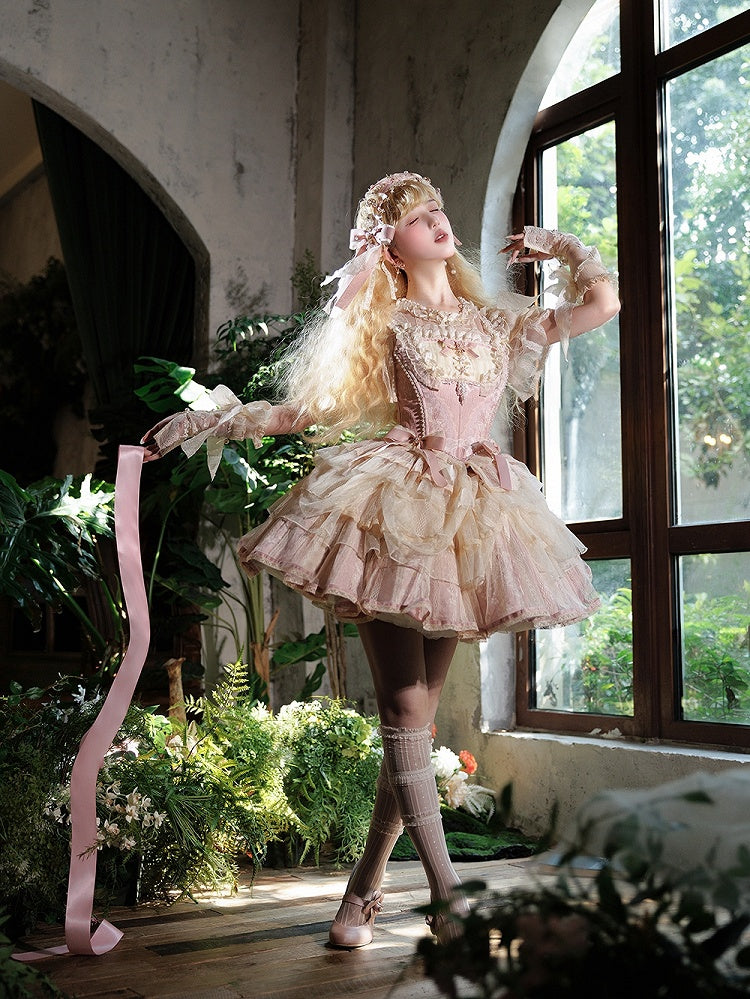 Lolita Balletcore Princess + Pink Floral Corset Top Print Boned Skirt Light