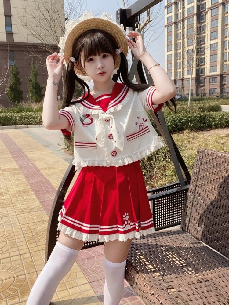 Lace JK Uniform Pink/Red Pleated Skirt Trim Ruffled