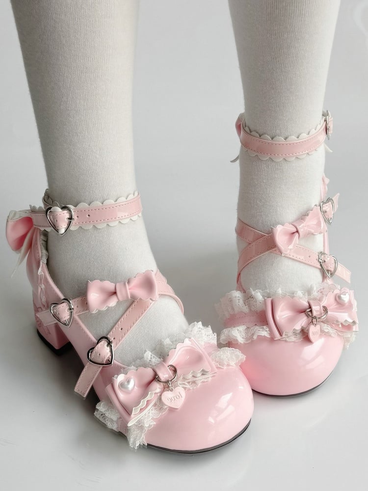 Mary PU Janes Mid-heel Bow Heart with Accents Design Pink - Sweet Lolita Snap