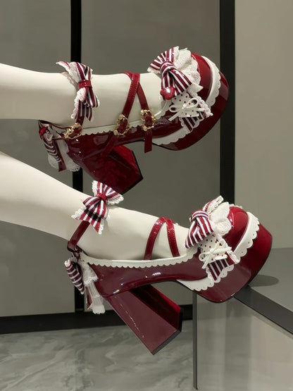 Bowknot & Buckle Straps Round Toe High Heels with Embroidery - Qu Qi Biscuits