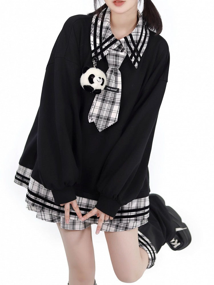 Panda Spielzeug Sweatshirt Schwarz Spleißen Plüsch Plaid mit