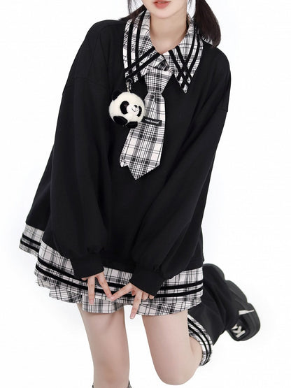 Panda Spielzeug Sweatshirt Schwarz Spleißen Plüsch Plaid mit