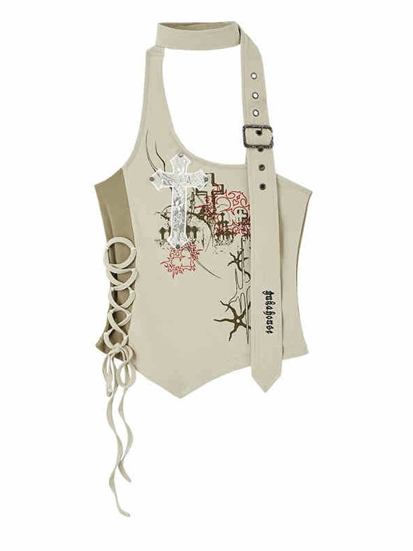 Aprikosenfarbenes Neckholder-Top mit Kreuzapplikation