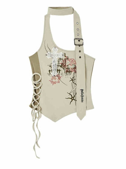 Aprikosenfarbenes Neckholder-Top mit Kreuzapplikation