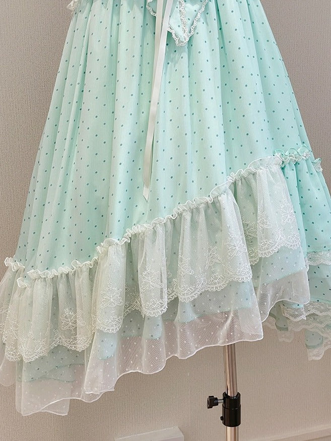 Polka Dot Bow Asymmetric Hem JSK Dress with Lace Choker - Tan Tuan