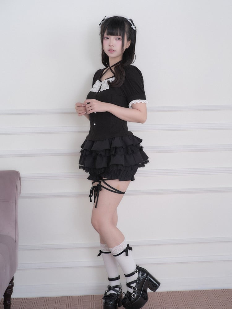 Black Jirai Kei Halter Neck Lace Knit Top - No Genki