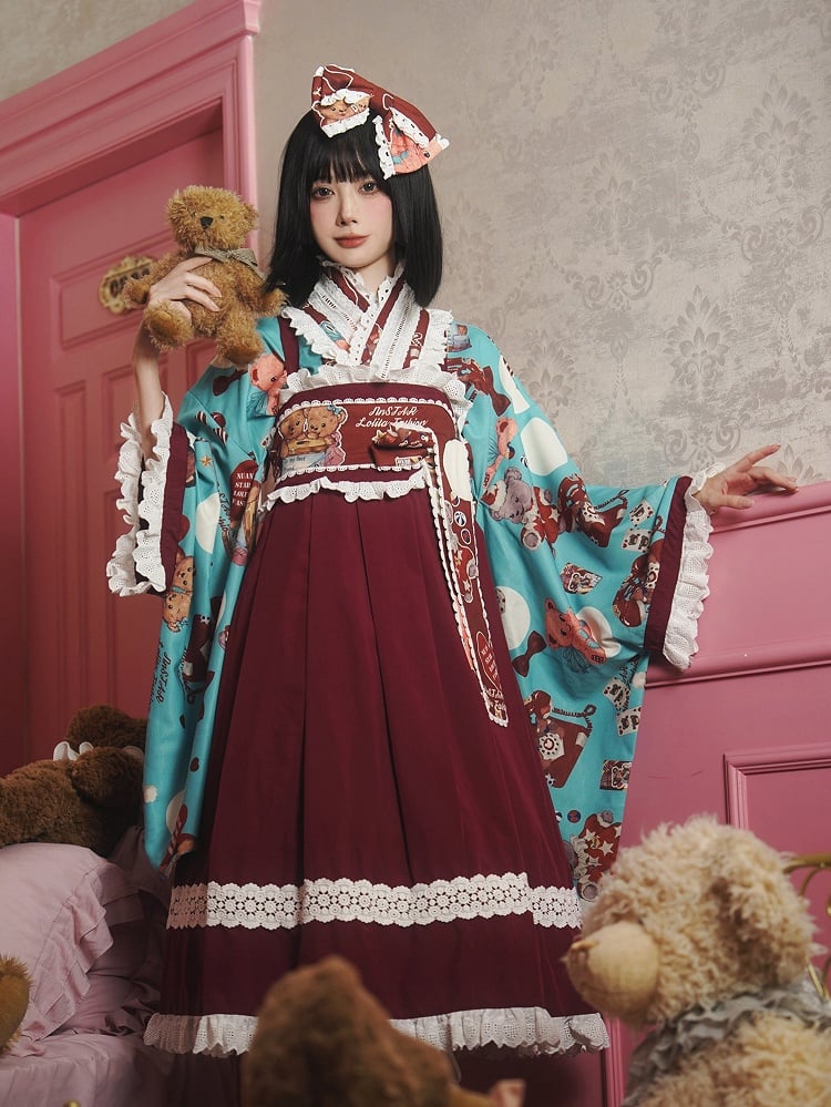 Wa Print + Bear Top Crossover Lace Dress Design Lolita Set Blue JSK Trimmed Red