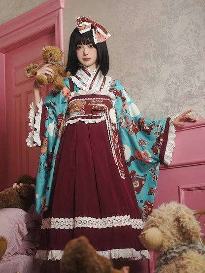 Wa Print + Bear Top Crossover Lace Dress Design Lolita Set Blue JSK Trimmed Red