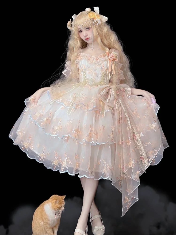 White Elegant JSK Apricot Floral Lolita Painting-Inspired Hanayome-Style Short Embroidered Oil Dress