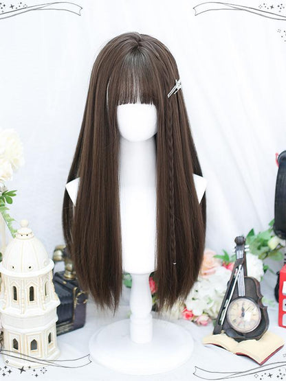 With Wig Air Straight Long Black/Brown Bangs