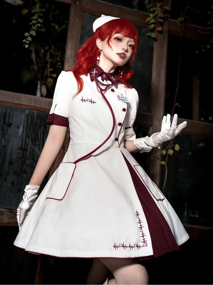 Weißes und rotes Halloween-Kostüm, Krankenschwester-Lolita-Kleid, komplettes Set