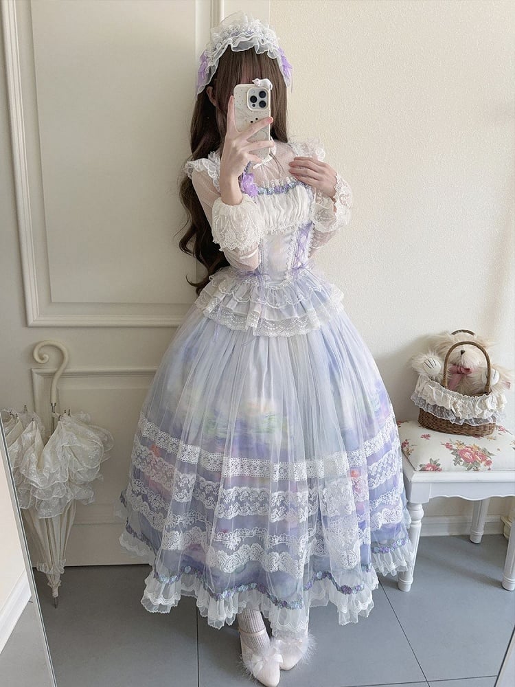 Drucken Lolita Öl Taille + Rock Overlay Top Malerei Entbeint Helle Klassische Lila Baske
