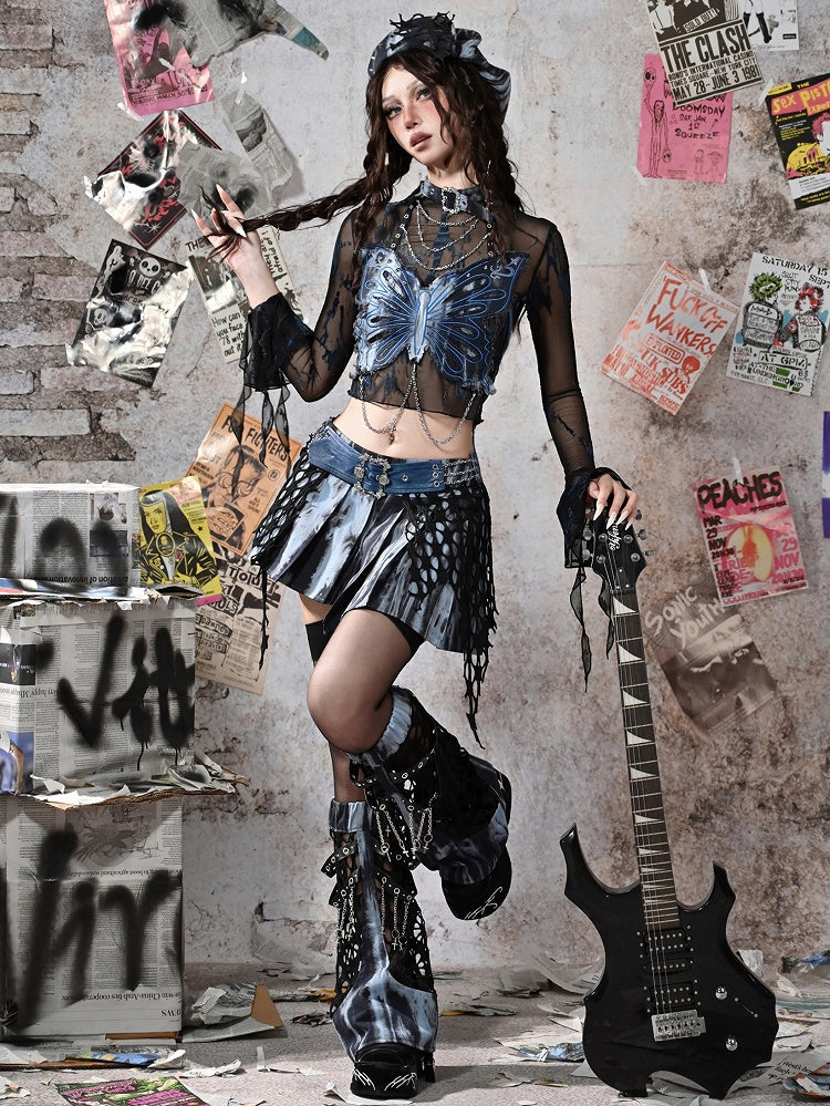 Mesh Bell Grunge and Fairycore Black Rock Punk Blue Sleeves Top