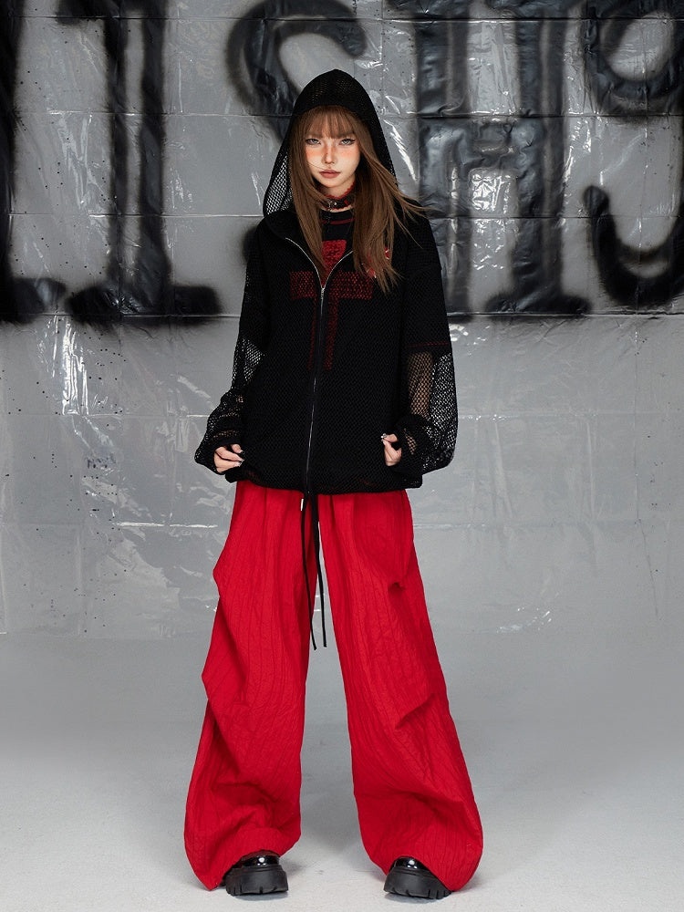 ブラック 中空ハートアップリケ ジップ開閉 長袖 ニットトップス